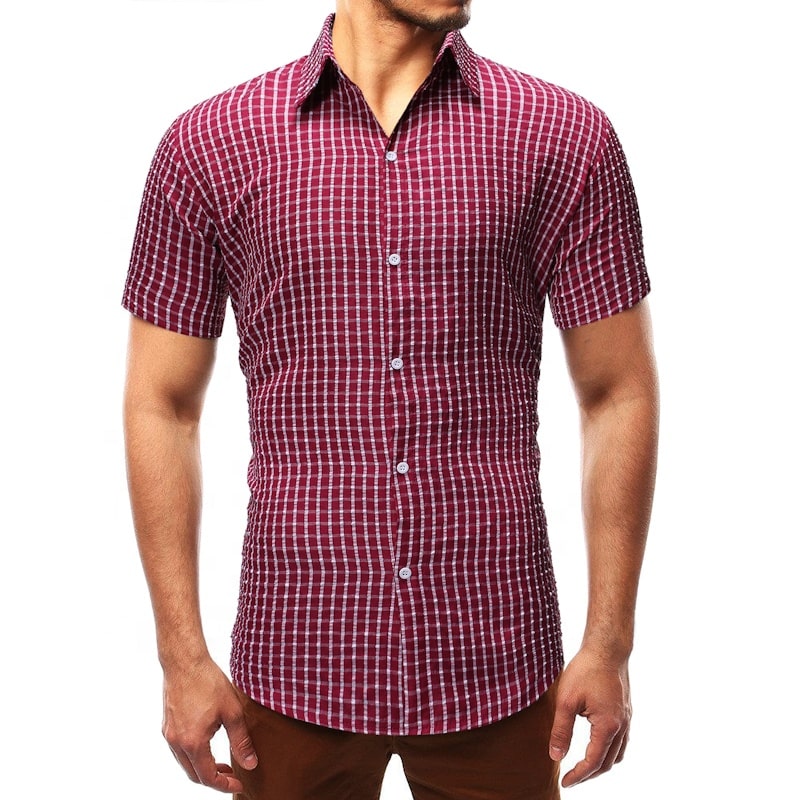 Men's Solid Color Short Sleeve Small Plaid Shirt